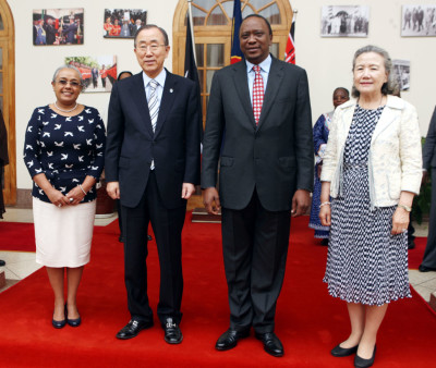 President Uhuru Kenyatta and the First Lady Mrs Margaret Kenyatta with the visitng  United Nations Secretary General Ban-ki Moon and his wife  Mrs Yoo Soo Moon when they called on them at State House Nairobi