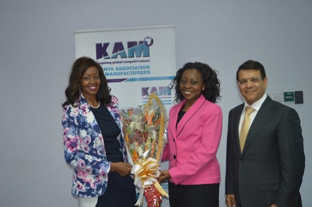 From left, KAM Chairperson, Ms. Flora Mutahi, KAM CEO Ms. Phyllis Wakiaga and Outgoing Chair, Mr. Pradeep Paunrana