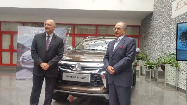 Simba Corporation CEO Adil Popot with Mitsubishi Motor Brand Manager Faruk Alibhai during the launch of the New Mitsubishi Pajero Sport