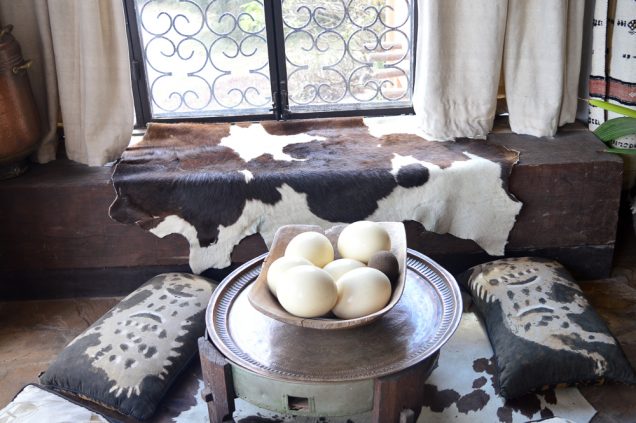 Cowhides, ostrich eggs and fabric used as ornaments 